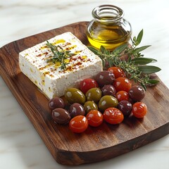 Delicious feta cheese with assorted olives and olive oil in a rustic setting