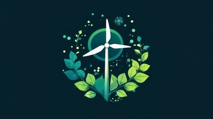 Wind turbine icon with green leaves and blue background for energy concept