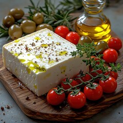 Delightful arrangement of feta cheese with fresh tomatoes and olives on a wooden board