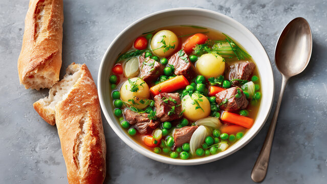 Overhead shot of Lamb Navarin, a French Spring Lamb Stew with bright green peas, baby carrots with tops, pearl onions, and tiny new potatoes. A crusty baguette. Concept of French menus for Easter. 
