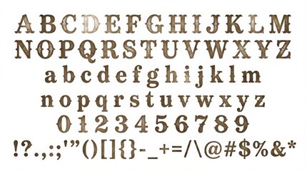 font alphabet in faded print style from a to z numbers punctuation isolated on white background
