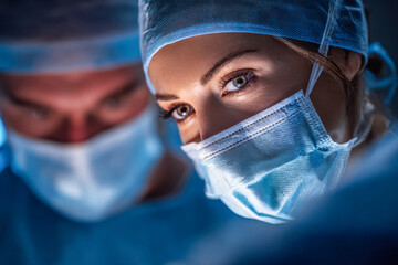Focused female surgeon wearing medical mask and cap during surgery with team member blurred in the background in a hospital operating room