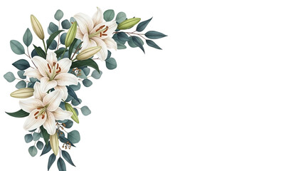 Luxury botanical corner element with lilies and eucalyptus in deep teal and beige isolated on white background