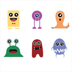Obraz premium Set of cute colorful monster characters for kids design and stickers. Funny alien creature collection isolated on white background, flat vector style.