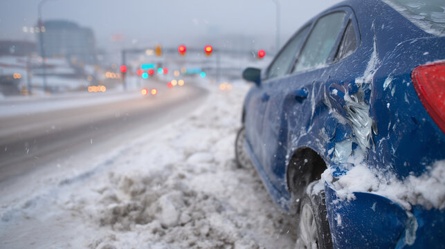 Damaged vehicle on icy road, rear dented and crumpled, snow piled around tires, traffic lights reflecting on wet surfaces, cold outdoor winter scene