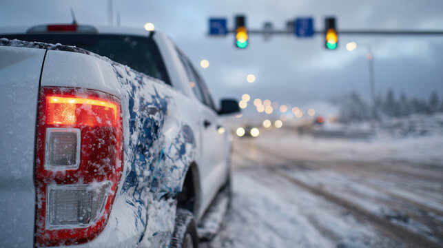 Close-up of taillights and crushed rear bumper, snow and ice around vehicle, traffic lights softly reflecting on icy street, overcast winter sky, detailed accident scene