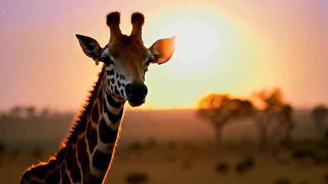 A majestic giraffe stands against the backdrop of a setting sun, showcasing its unique features and patterns. This giraffe in the landscape highlights the beauty of wildlife at dusk.