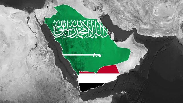 Saudi Arabia and Yemen flags superimposed on a geographical map of the region