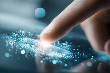 A finger activating a digital biometric fingerprint scanner with glowing technology effects for secure identification and access control system