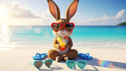 Cute Bunny on Beach with Sunglasses and Cocktail Vector Illustration