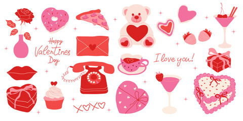 PrintValentine’s Day romantic hand drawn elements. Hearts, roses, teddy bear, cupcakes, chocolates, sweets, gifts, envelope,  phone. Vintage doodle illustrations for cards, stickers, invitations