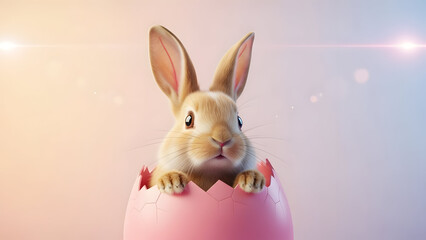 Cute Easter Bunny Peeking from Pink Egg Vector Illustration Flat Design