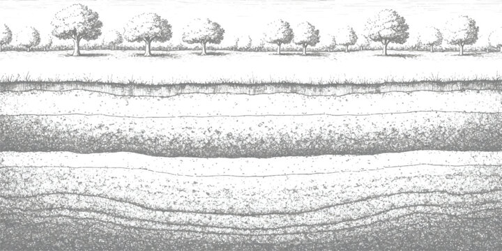 Illustration of a cross-section showing soil layers beneath a surface with trees