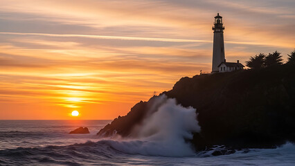 Dramatic sunset over lighthouse on rugged rocky coastline with crashing waves