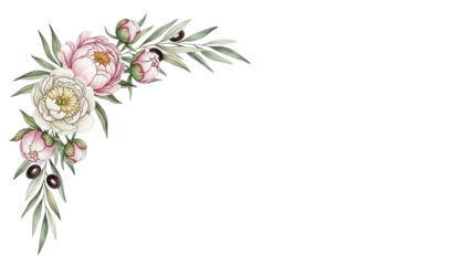 Luxury hand painted watercolor corner composition featuring peonies and olive branches in neutral tones isolated on white background