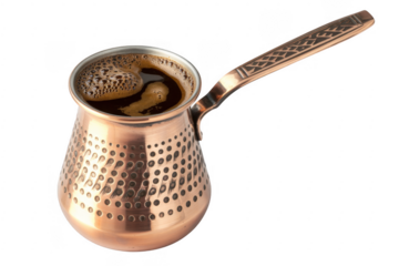 Copper Turkish coffee pot with boiling coffee copper coffee pot isolated on a transparent background