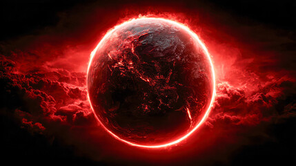 A dramatic fiery red glowing planet surrounded by thick ominous clouds against a dark cosmic backdrop in a science fiction style digital artwork