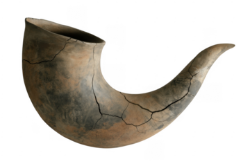 Cracked clay horn shaped vessel ancient pottery isolated on a transparent background