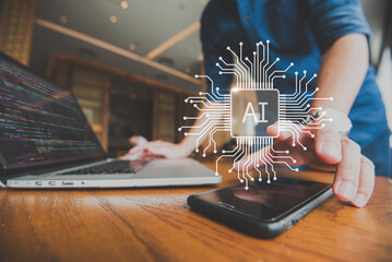 Ai technology conceptual, hands of man making decision activating ai operation