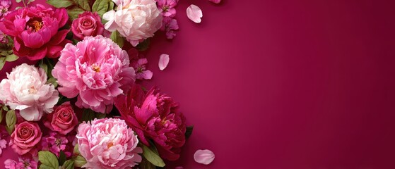 Floral Frame for International Women's Day and Mother's Day with Romantic Pink Peonies and Roses on Magenta Background with magenta, valentine