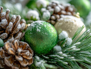 Festive green and golden Christmas ornaments surrounded by snow-dusted pine cones and evergreen branches creating a winter holiday atmosphere