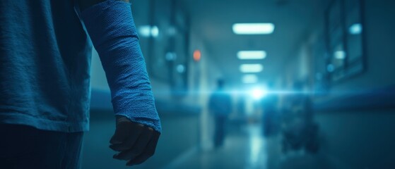 Dimly Lit Hospital Corridor with Arm in Cast, Symbolizing Healing and Recovery Journey in Clinical Healthcare SettingInjury