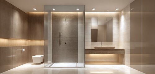 Elegant washroom with glass shower rainfall showerhead and warm lighting
