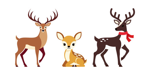 Cute cartoon deer family illustration featuring stag, doe, and fawn in flat vector style. Perfect for kids design, wildlife art, forest theme, Christmas decor, nursery prints, and animal character gra © Tito