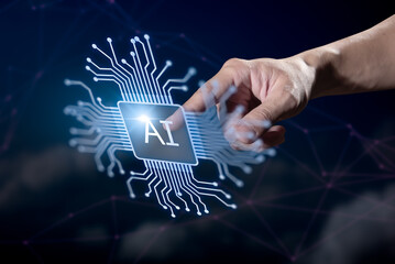 Ai technology conceptual, hands of man making decision activating ai operation