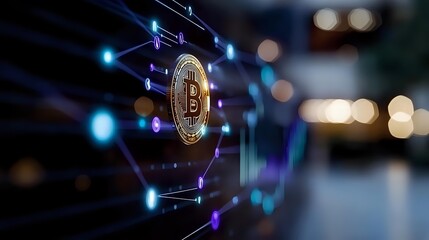 Golden bitcoin coin floating in futuristic digital network with glowing connections and bokeh lights representing cryptocurrency blockchain technology.