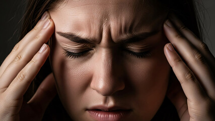 A woman with a distressed expression holds her temples with both hands, conveying intense pain and discomfort from a severe headache or migraine in a dimly lit, somber setting.