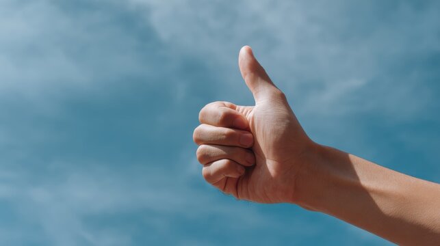 clear blue sky with a person giving a positive gesture with their thumb up