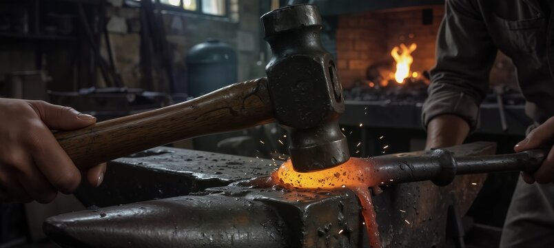 blacksmith forging hot metal with hammer on anvil in traditional workshop with sparks flying. - Powered by Adobe
