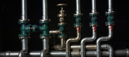 industrial pipe system with valves and fittings in a dimly lit utility room.