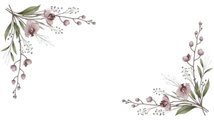 Luxury minimal floral corner border with orchids and delicate foliage in a muted mauve color isolated on white background