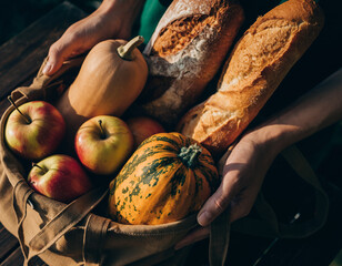 Close-up of hands holding shopping bag filled with autumn groceries, apples, squash and bread, shallow depth of field, cozy mood, copy space