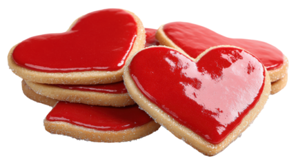 Delicious heart shaped cookies with red icing on transparent background nobody