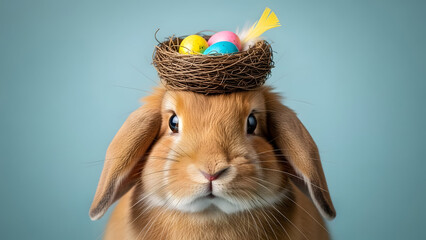 Easter bunny with colorful egg nest hat vector illustration flat design