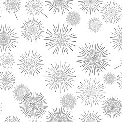 Festive firework burst pattern with various radiating star shapes in a monochrome color scheme perfect for celebrations and seasonal design elements