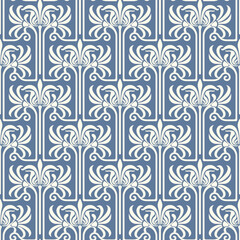 Vintage Art Deco Seamless Pattern. Geometric decorative with leaf texture. Retro background. Blue and beige background. Beige leaf. Wallpaper