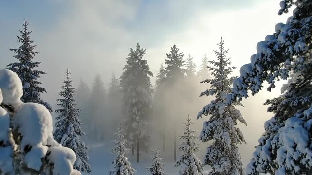 Snow-covered pine trees in a misty winter forest with sunlight breaking through.