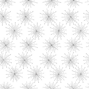 Seamless pattern of minimalist firework explosions with delicate line work and symmetrical design in black on a white background for modern celebration themes and festive decor