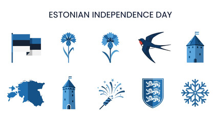 Blue and white Estonian symbols including flags flowers bird map tower fireworks and crest © Agung