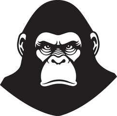 Intense black and white vector illustration of a powerful gorilla head, capturing its serious expression and formidable presence, perfect for impactful logos and strong branding