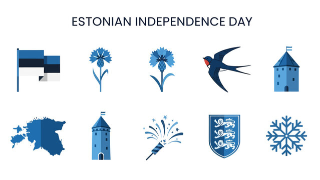 Blue and white Estonian symbols including flags flowers bird map tower fireworks and crest