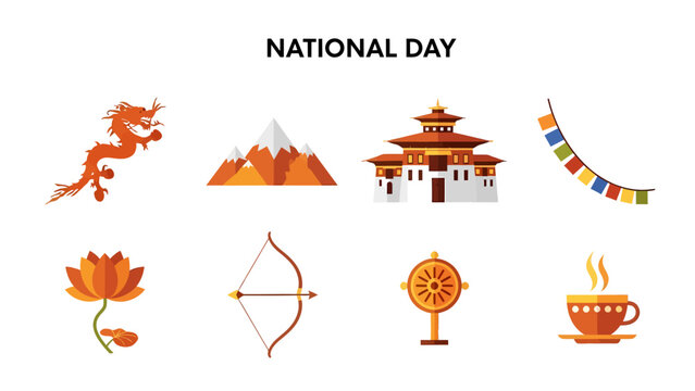 Eight icons representing Bhutanese culture above white text reading NATIONAL DAY OF