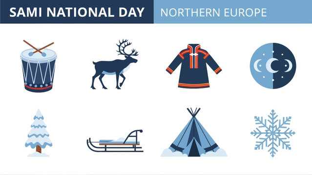 Eight icons representing Sami culture and Northern European winter themes