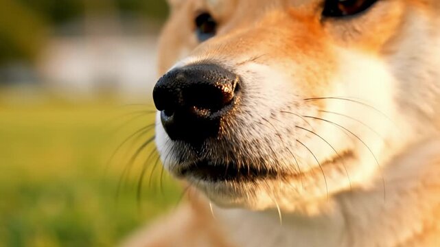 Closeup Shiba Inu dog nose whiskers golden fur green grass background, cute pet portrait detailed muzzle expression