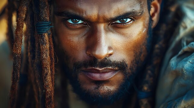 African American man with dreadlocks and intense blue eyes in dramatic portrait lighting for fantasy character design and storytelling projects.