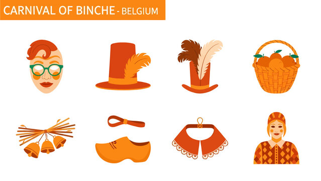 Icons representing elements of the Carnival of Binche Belgium including costumes and symbols